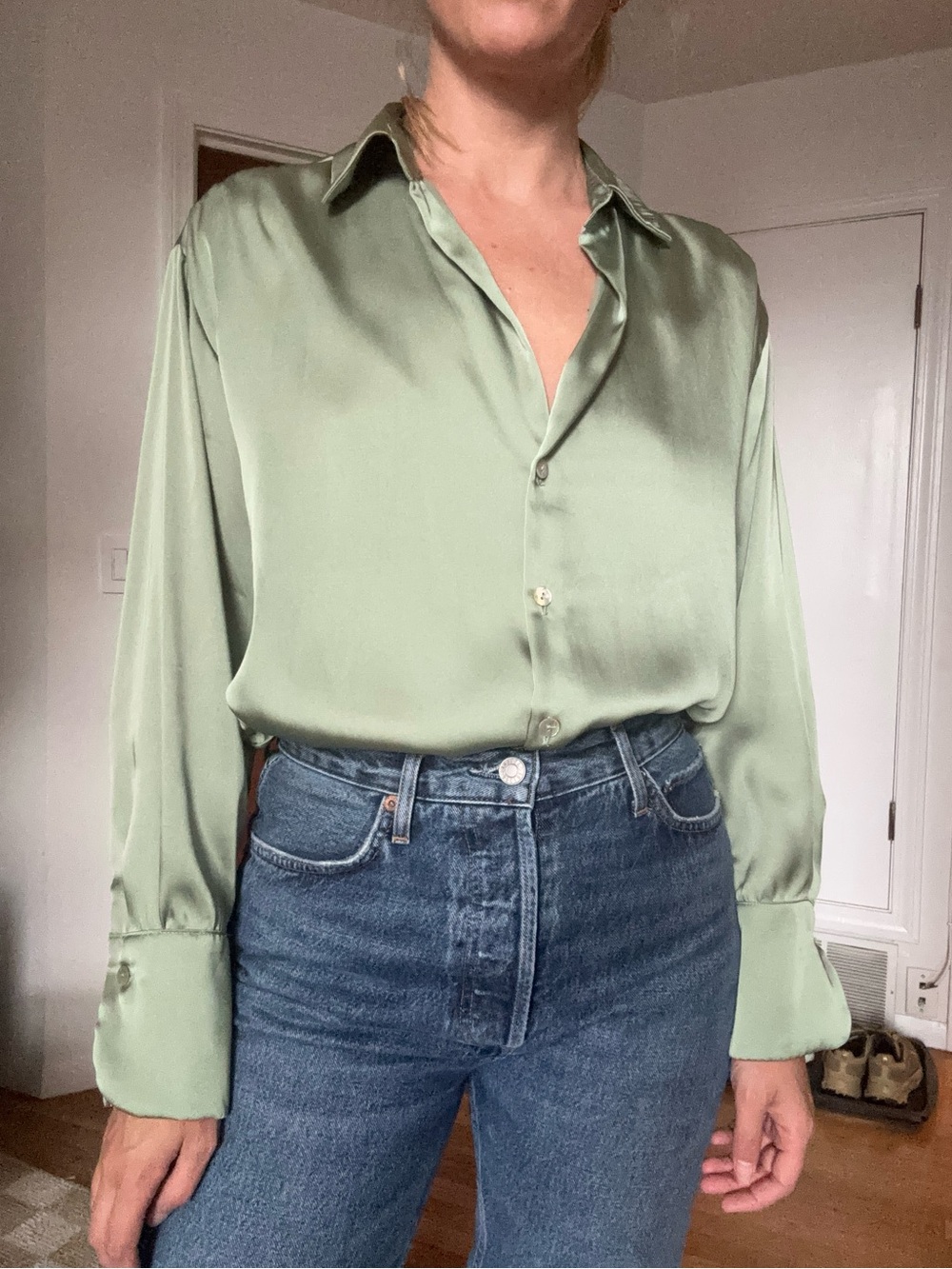 Zara Sage Green Satin Button-Down Blouse